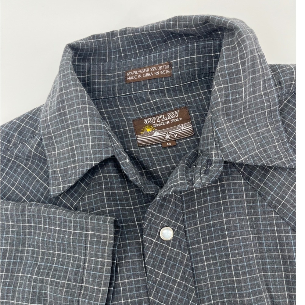Outlaw Western Wear Shirt Mens M Grey Plaid Short Sleeve Pearl Snap Button Up